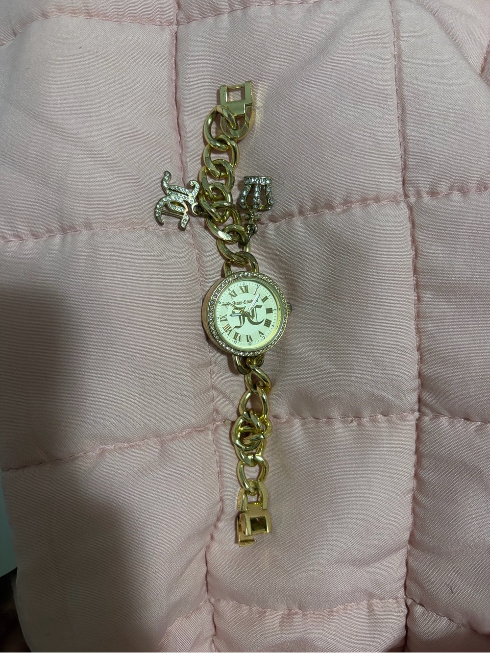 Juicy Couture Gold Charm Chain Bracelet Watch with Crystal Accents